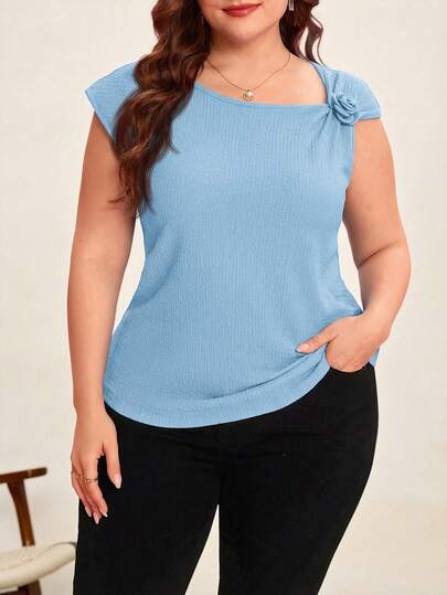 Reflora Blusa casual sencilla de talla grande con aplicaciones florales 3D en unicolor, para uso diario en San Valentín