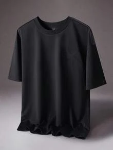 STYNVO 男士休闲纯色拼接短袖T恤，夏季男士宽松T恤，男士落肩T恤，男士超大印花T恤，男士超大T恤 - 黑色 - 查看 2
