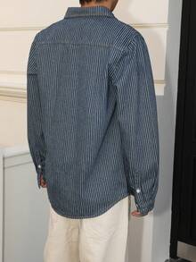 Manfinity Roghcode Men's Blue Vertical Striped Denim Casual Slim Fit Shirt - Medium Wash - View 2