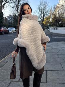NegzBox Turtleneck Fuzzy Trim Batwing Sleeve Poncho Sweater - Aprikot - View 4