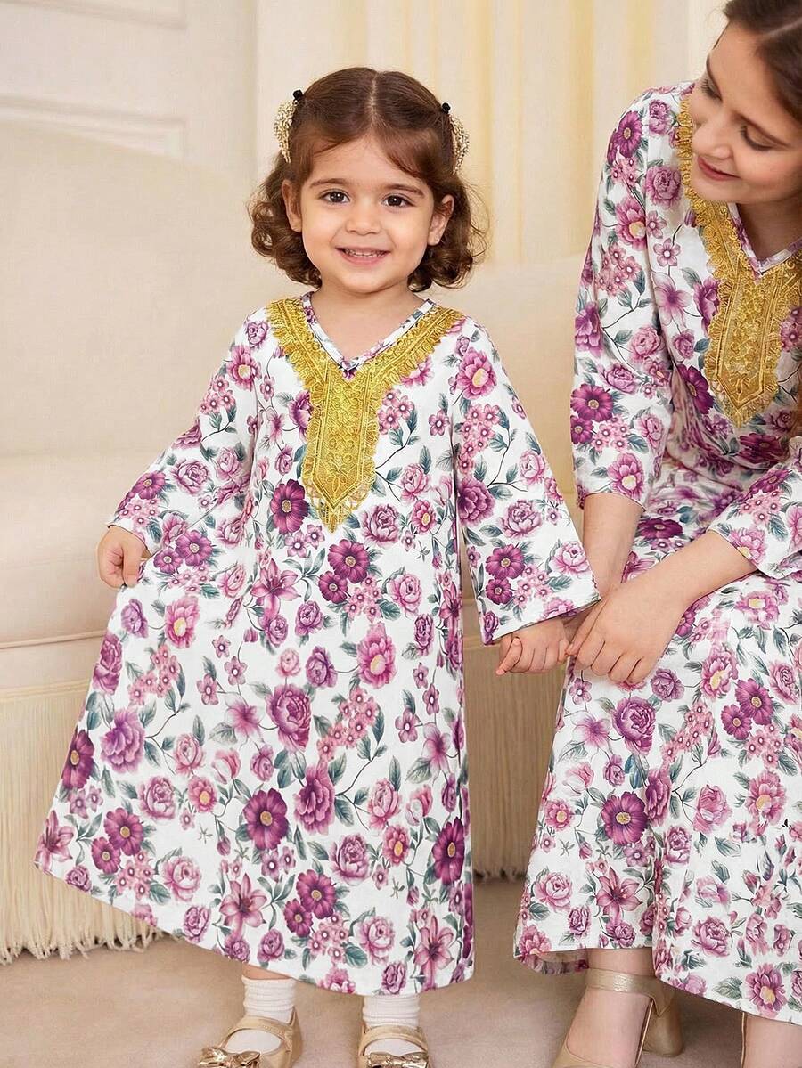 Vestido Casual Solto com Decote em V de Manga Longa com Estampa Floral Miúda e Babados para Menina - Multicolorido - Visão 1