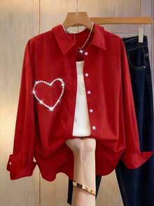 GlowEve 女士前扣心形铆钉休闲衬衫 - 紅色 - 查看 1