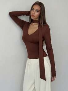 Aloruh 女士纯色简约长袖上衣，休闲装 - 棕色 - 查看 7