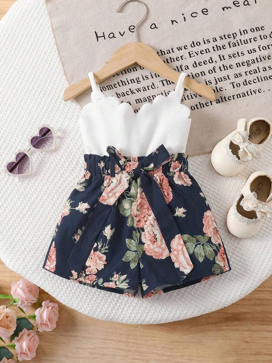 Babygirl Cute White Camisole & Elastic Waist Shorts Set, Summer - Multicolor - View 1