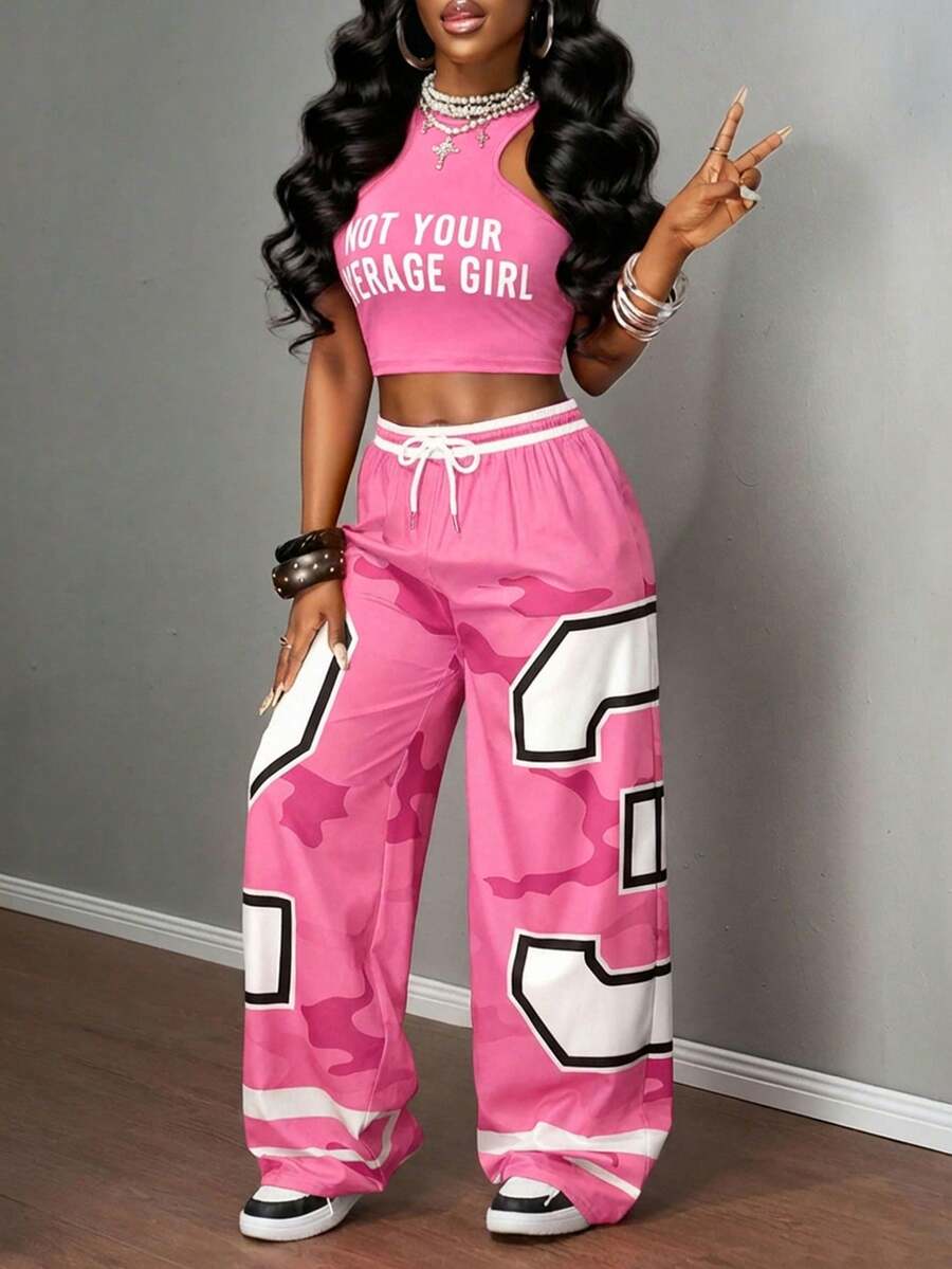 Slaydiva New Summer Casual Screenshots Sexy Sports Style Ball Suit Round Neck I-Shaped Vest Slogan Logo White Letter Print Truncated Red Vest + Wide-Leg Pants Trousers 23 Numbers Red Camouflage Striped Print Woven Pants Ladies Two Pieces Suit-B Pink 2 Piece Set Women