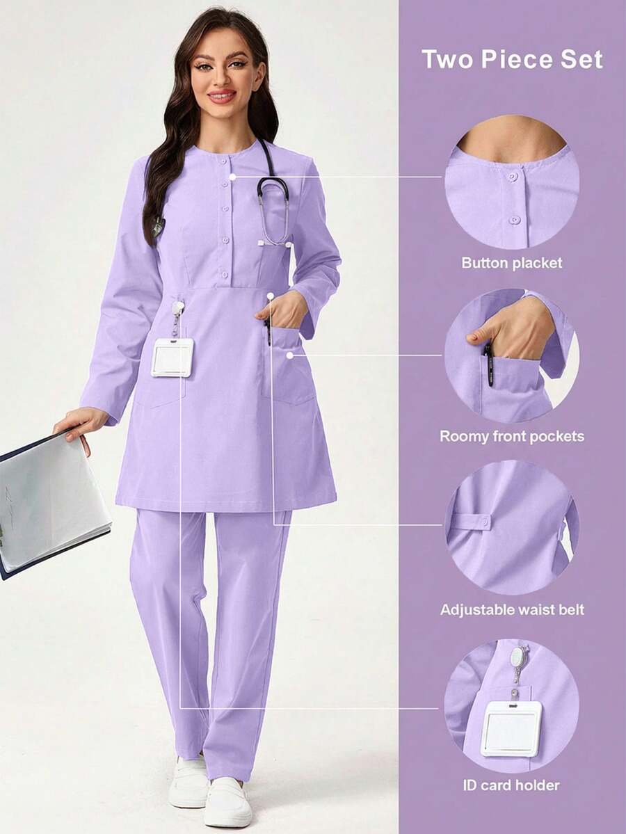 TaskEZ 纯色纽扣口袋长袖上衣和裤子医用工作服套装 - 淡紫色 - 查看 1