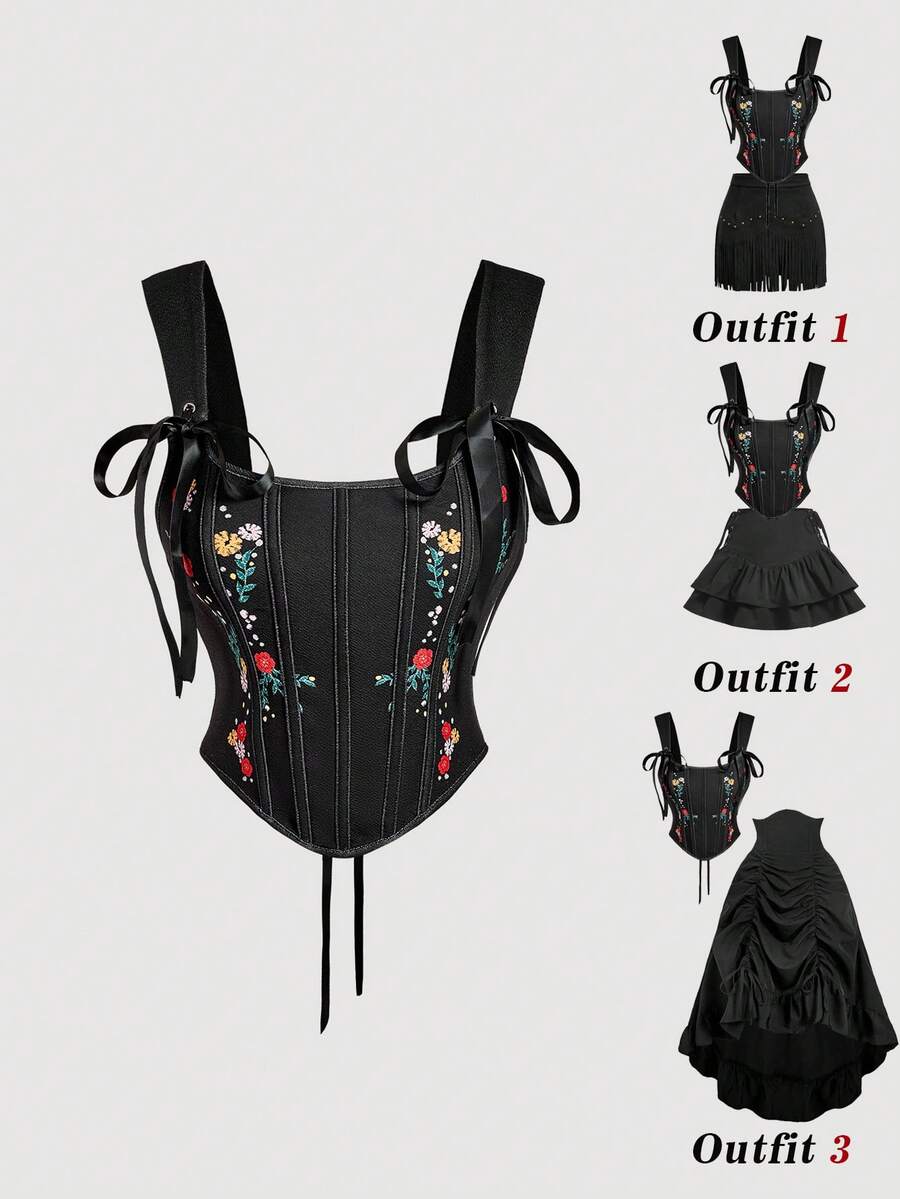 SHEIN MOD 女士印花前系带不对称下摆宽肩带上衣，春夏款，复古风，优雅上衣，外出上衣，情人节，嘉年华，下午茶，度假，印花上衣，黑色束身衣，生日，舞会 - 黑色 - 查看 1