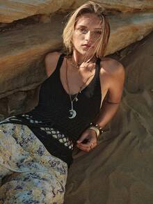 MOTF STUDIO WOMEN'S CROCHET LACE FRINGE KNIT TANK TOP, SPRING/SUMMER - Black - View 3