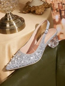 CUCCOO TILAWA Women's Crystal Heel Glass Rhinestone Pointed Toe Silver High Heel Pumps, Suitable For Outings, Banquets, Parties And Other Events - Silver - View 6