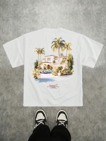 Manfinity ZONE917 Loose Casual Summer Vacation Hotel Oil Painting Print White Short Sleeve T-Shirt, Summer Gift, Gift For Boyfriend