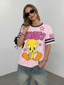 LOONEY TUNES X SHEIN Women's Casual Striped Cartoon Pattern Round Neck Short Sleeve T-Shirt, Summer - White - View 2