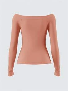 SHEIN BASICS 1件女士休闲纯色针织露肩长袖修身上衣 - 藕粉色 - 查看 4