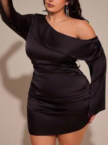 SHEIN BAE Plus Size Black Autumn Elegant Formal Evening Night Out Club Dress,Asymmetric Neckline Ruched Long Sleeve Open Back Dresses For Women Wedding Guest - Black - View 7