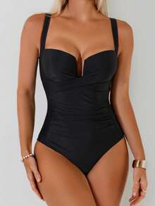 SHEIN Swim 1 bộ áo tắm liền thân thanh lịch dành cho nữ, màu trơn, có gọng nâng ngực, thích hợp cho bãi biển, hồ bơi, tiệc tùng, kỳ nghỉ, mùa xuân/hè. - màu đen - Xem 4