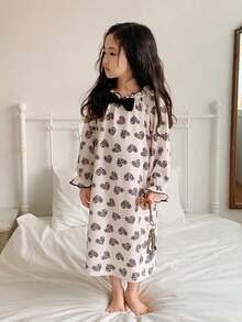 DAZY Young Girls Heart Print Long Sleeve Nightgown Loungewear Spring - Apricot - View 4
