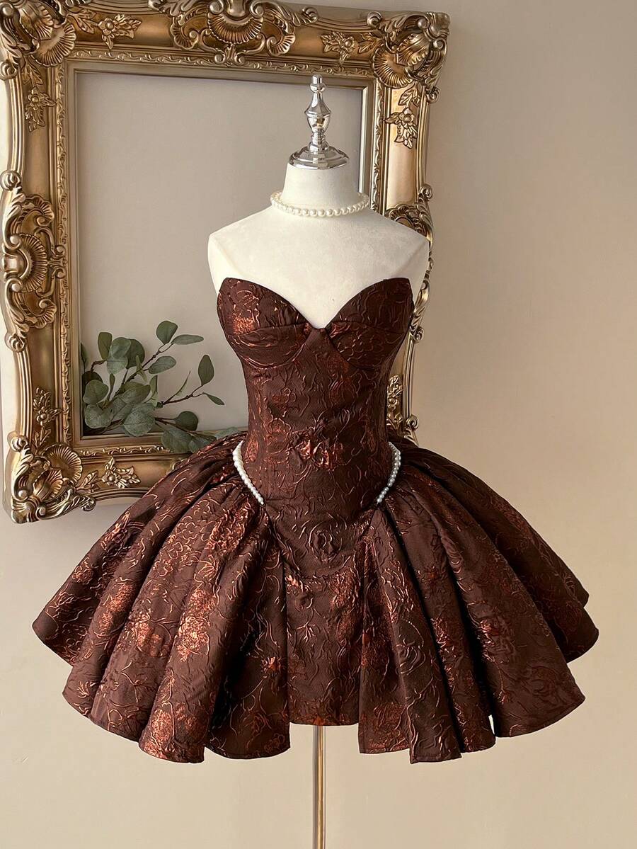 Lovelzi 优雅奢华的红色提花织物手工珍珠装饰甜心领复古腰线A字短款女士正式晚礼服 - 咖啡棕 - 查看 1