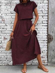 EMERY ROSE Women's Casual Solid Color Short Sleeve Top & Skirt 2 Pieces Set - Red Violet - View 5