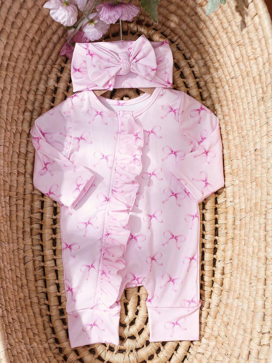 SHEIN 新生儿可爱蝴蝶结印花拉链连体衣摄影服秋冬装 - 粉色 - 查看 1