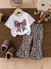 SHEIN Playful Pals Girls Knitted Fabric Short Sleeve Tee And Full Print Leopard Bell Bottom Pants Set With Cute Bow Design - White - View 6