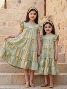 SHEIN Young Girl Ditsy Floral Round Neck Casual Light Green Dress - Green - View 6
