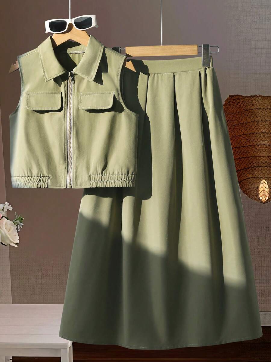 Conjunto de top con cremallera y falda de estilo utilitario para niñas preadolescentes, adecuado para salidas casuales, vacaciones y uso escolar - Verde militar - Ver 1