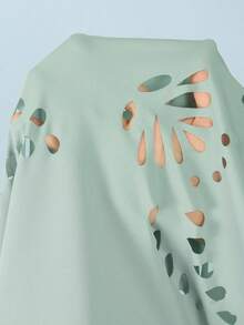 Swim Oasis Plus Size Solid Color Laser Cut Floral V-Neck Adjustable Strap Top Paired With High Waist Solid Color Laser Cut Floral Triangle Bikini Bottom And High Waist Solid Color Laser Cut Floral Skirt, Sexy Elegant Beach Holiday Swimsuit Set - Baby Blue - View 10