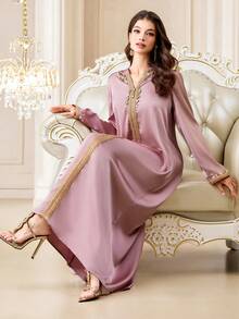 Yasmyna Women's Elegant Long Sleeve Hooded Abaya With Ribbon Trim - Dusty Pink - View 5