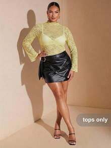 SHEIN BAE 大码女式蕾丝透视长袖性感上衣 - 黃色 - 查看 7