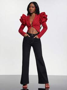 NYA SZN Destiny Jacket Cropped Seaming Long Sleeve Bolero Denim Ruffle Sleeve Stretch Dark Wash Office Business Casual Everyday Concert Western Special Event Party Elevated Raw Denim Classy Elegant Fall Winter Carnival Outfits For Women