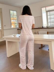 SHEIN Napfluff Women's Jacquard Ribbed Heart Pattern Short Sleeve Pants Casual Pajama Set - White - View 4