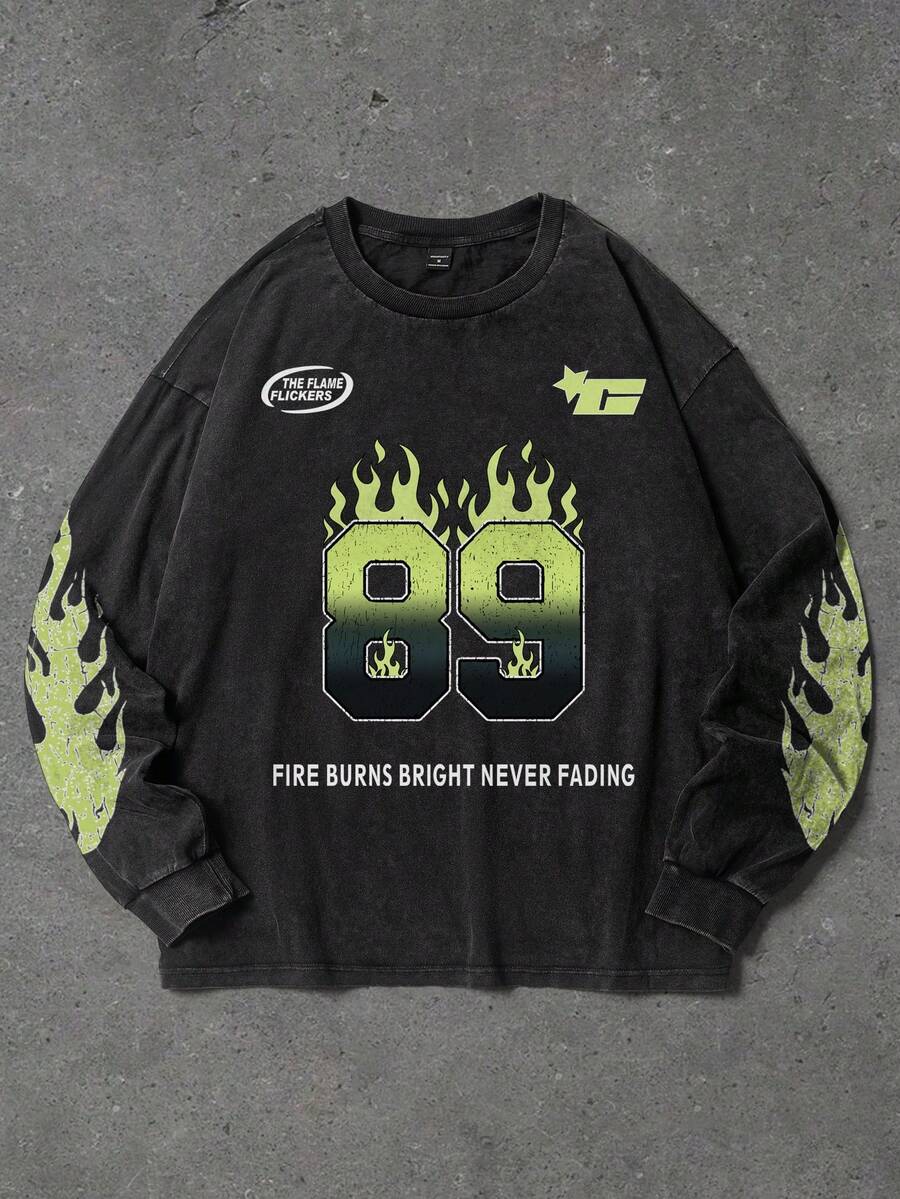 Manfinity EMRG 男士标语火焰印花圆领长袖休闲T恤 - 黑色 - 查看 1