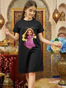 Tween Girls' Casual Ramadan Cartoon Character Slogan Print Short Sleeve Black T-Shirt Dress, Summer - Black - View 1