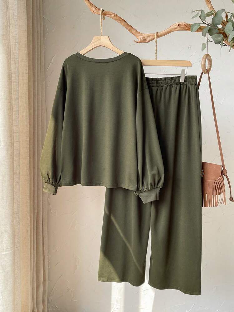 2 Stücke Damen Lässig Landhaus Einfarbig Militärgrün Top und Hose Set, Frühjahr