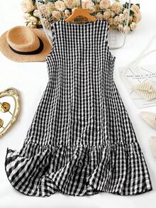 Linhara 女士大码春夏无袖拼接芙蓉花边下摆简约V领条纹丝网印花仿刺绣休闲连衣裙，正面带纽扣。 - 黑與白 - 查看 2