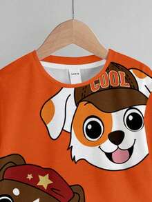 SHEIN 2 件套 PUPPIES 儿童图案休闲圆领短袖 T 恤和短裤，适合夏季