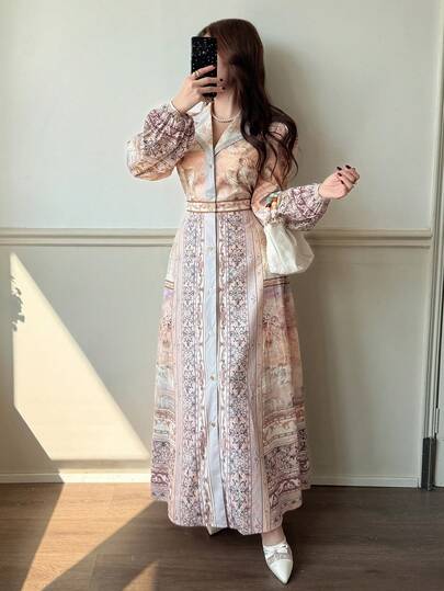 Feyla New Unique Design Printed Long Sleeve Single-Breasted Lapel Vacation Style Dress