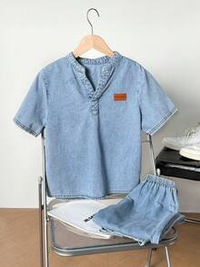 SHEIN Little Byeori 两件套青少年男童时尚休闲Y2K复古酷炫街头基础款简约舒适蓝色牛仔开衫和一条舒适宽松弹力修身牛仔裤，适合儿童日常穿着、春夏派对、节日和街头服饰。 - 藍色 - 查看 6