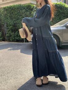 FRIFUL 女士休闲牛仔连衣裙，圆领，落肩，长袖，单排扣，荷叶边下摆 - 藍色 - 查看 5