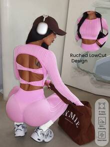 Sovereign Charm Women's Striped Print Backless Long Sleeve Top And High Waist Skinny Pants Activewear Set - Pink - View 1