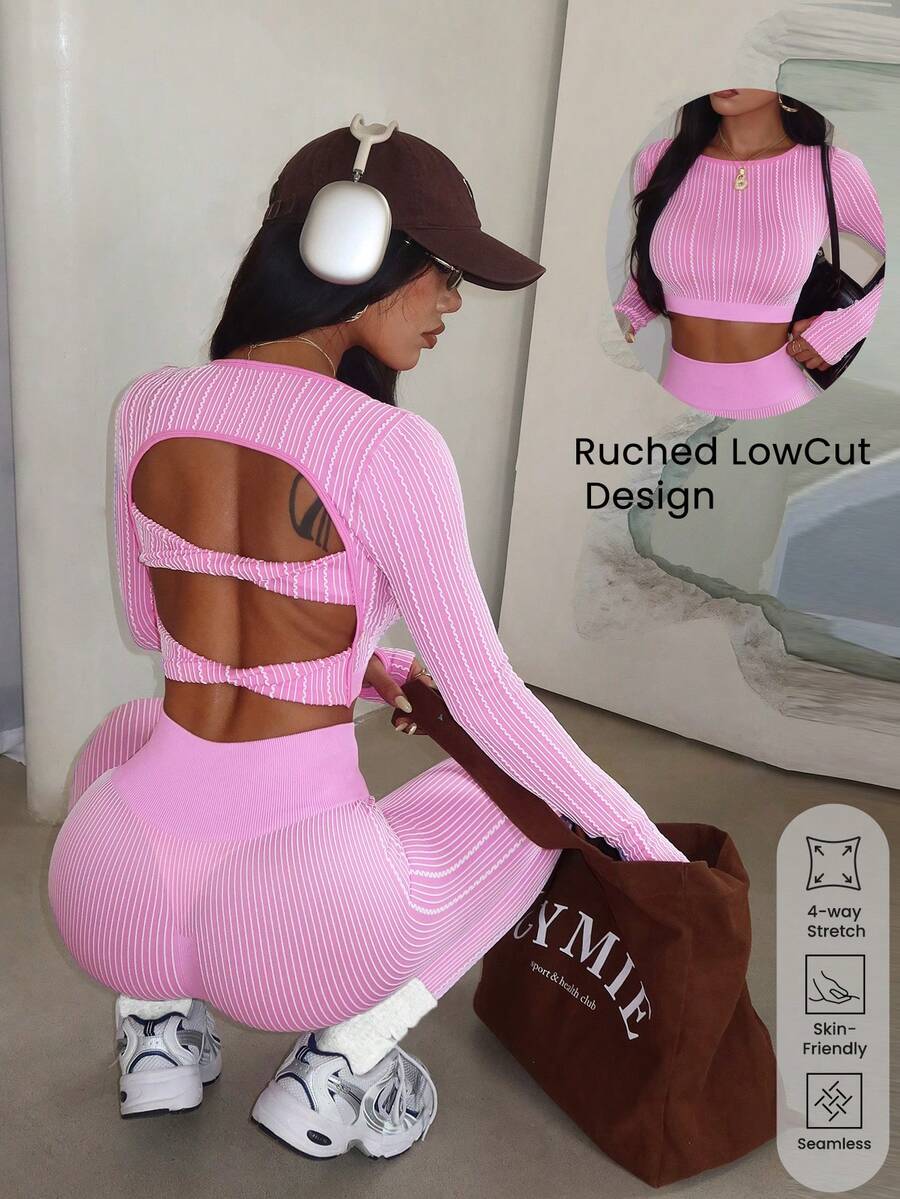 Sovereign Charm Women's Striped Print Backless Long Sleeve Top And High Waist Skinny Pants Activewear Set - Pink - View 1