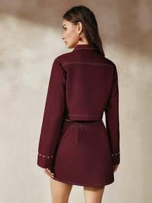 Anewsta Women's Jacket Coat, Retro Chic Luxury Elegant Heavy Craft Rivet Decor Contrast Trim Fitted Short Jacket For Women - Burgundy - View 2