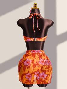 Swim Vcay Traje de baño de una pieza con estampado floral de camuflaje, con escote halter y espalda descubierta, con decoración de anillo hueco, adecuado para vacaciones en la playa - Multicolor - Ver 8
