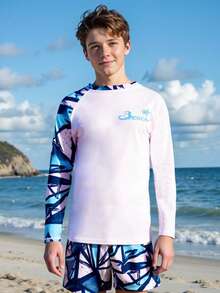 SHEIN Teenage Boys White Geometric Print Swimsuit,Long Sleeve Rash Guard & Shorts 2pcs Set,Sunscreen Surf Swimwear For Summer Beach Holiday Surfing Party - White - View 4