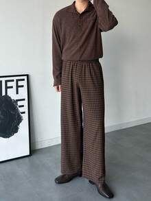 DAZY Brown Patchwork Collar Men's Shirt And Plaid Pants Suit Set, Spring/Autumn