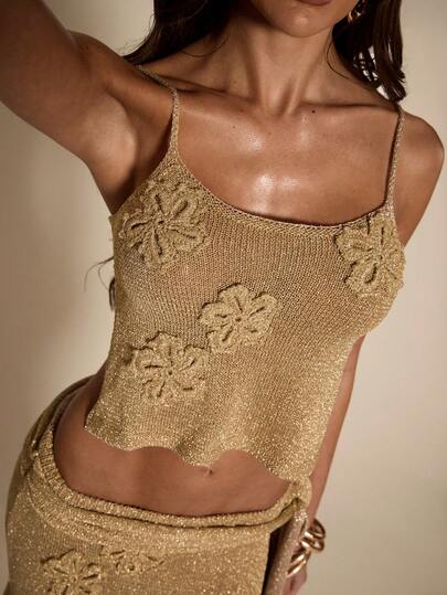 SHEIN BAE Sexy Vacation Spaghetti Strap Crochet Floral Back Tie Knit Top For Women,New For 2026, Beach Resort Style. Women's Resort Wear, Summer Holiday Outfit, A Perfect Choice For Casual Vacations. This Gold Knit Top Is Adorned With Three-Dimensional Floral Embellishments And Is Ideal For Beach Vacations, Dates, Casual Outings, And All Kinds Of Holiday Activities. Elegant And Sexy, This Knit Top Is The Perfect Choice For Beach Vacations, Everyday Outings, Seaside Trips, And Beach Dates.