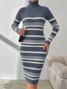 SHEIN Cottnline 女士条纹高领长袖修身休闲针织连衣裙 - 灰色 - 查看 4