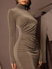 Silquee High Neck Solid Bodycon Dress - Mocha Brown - View 4