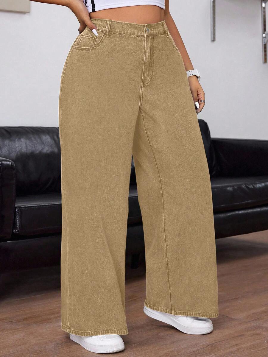 SHEIN CURVE+ Plus Size Women Cowgirl Vintage Style Loose Fit Wide Leg Jeans, Rodeo - Khaki - View 1