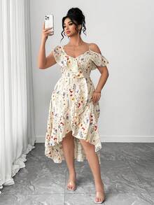 SHEIN PETITE CURVE 大码女式V领荷叶边下摆不规则开衩印花连衣裙，优雅女士 - 杏色 - 查看 6