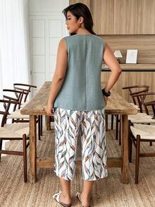 Weeklong Plus Size Summer Casual Solid Color Tank Top And All-Over Print Pants 2 Pieces Set - Green - View 2